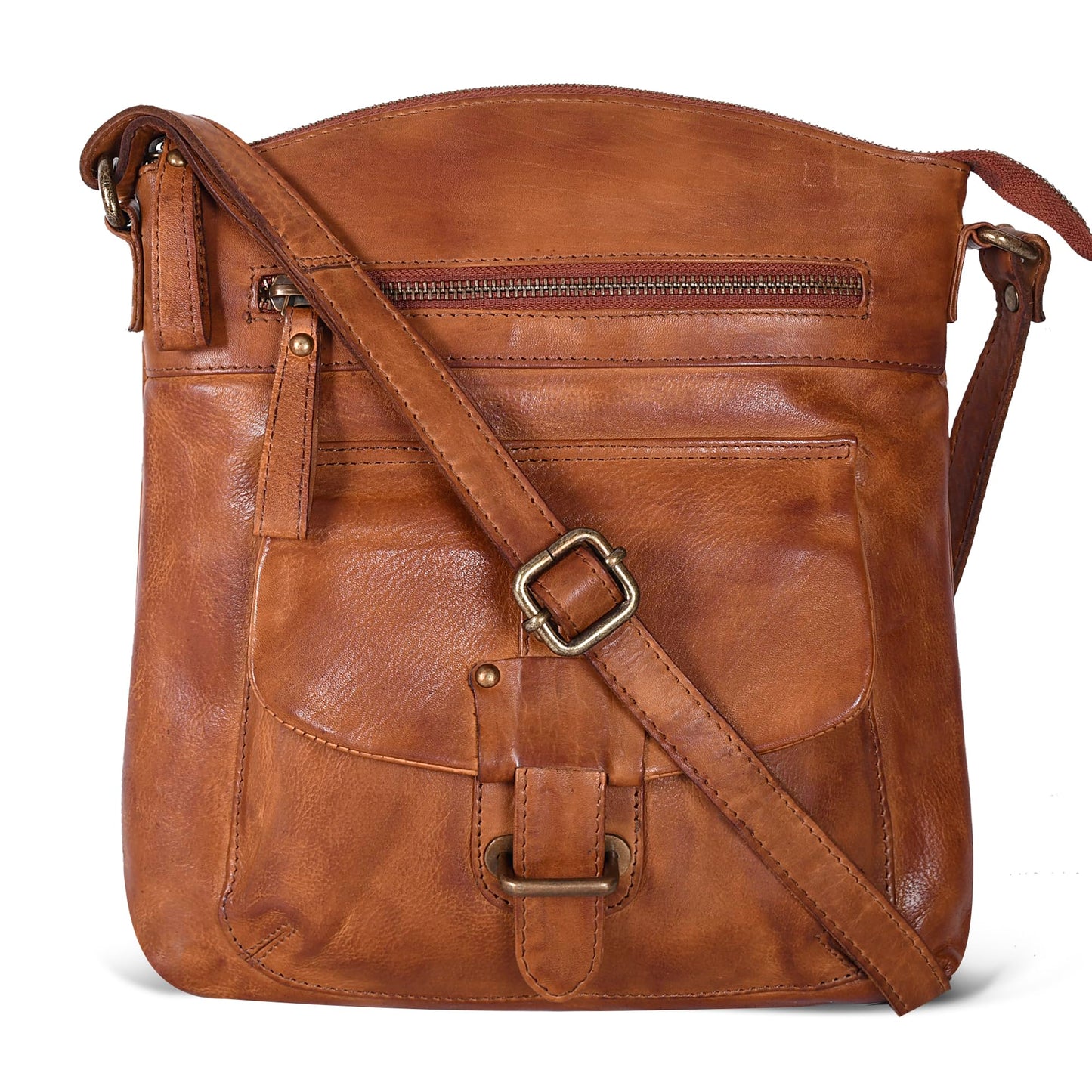 Oak Leathers Leather Crossbody Bag For Women With Adjustable Sling Strap - Medium Size Crossover Shoulder Handbag Purse (Tan Wash)