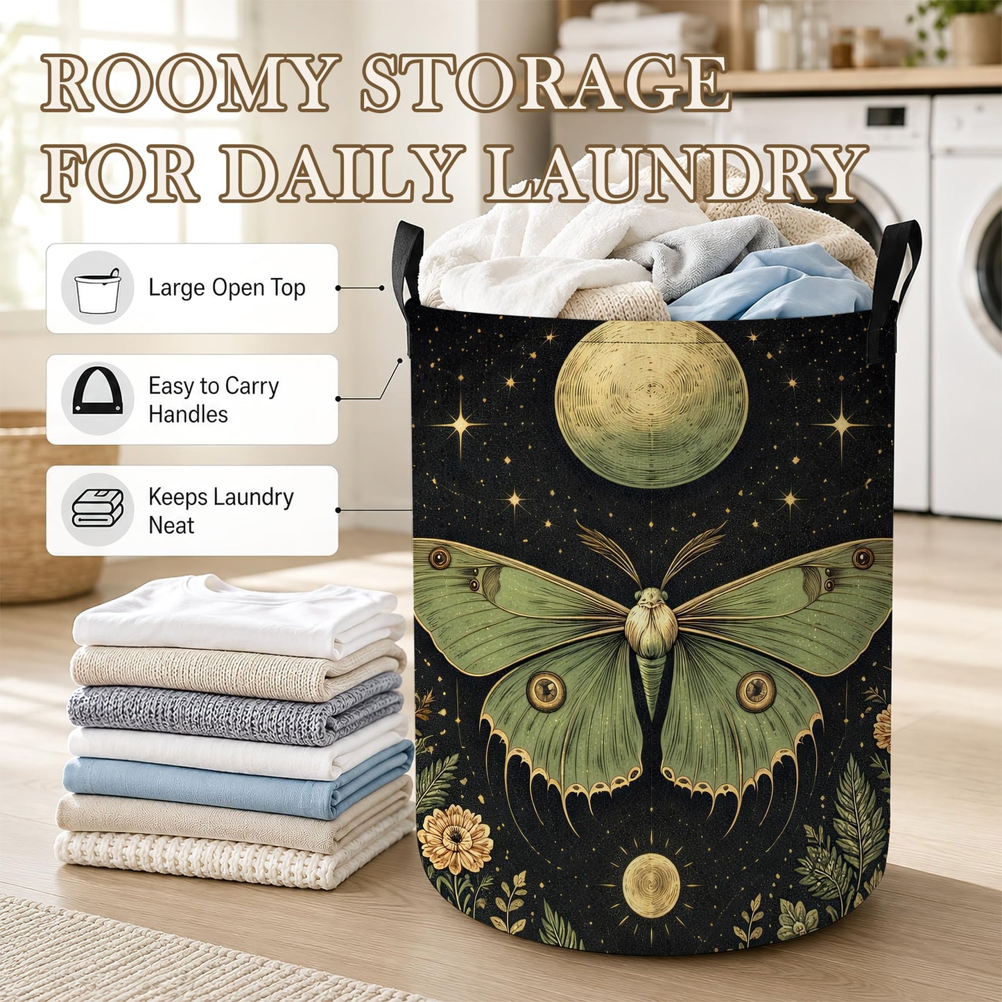 Boho Moon Moth Laundry Basket, Foldable Oxford Cloth Floral Crescent Laundry Hamper with Handles, Tote Bag Clothes Storage Bucket for Laundry Room/Bathroom/Bedroom/Dormitories 20.8"x16"