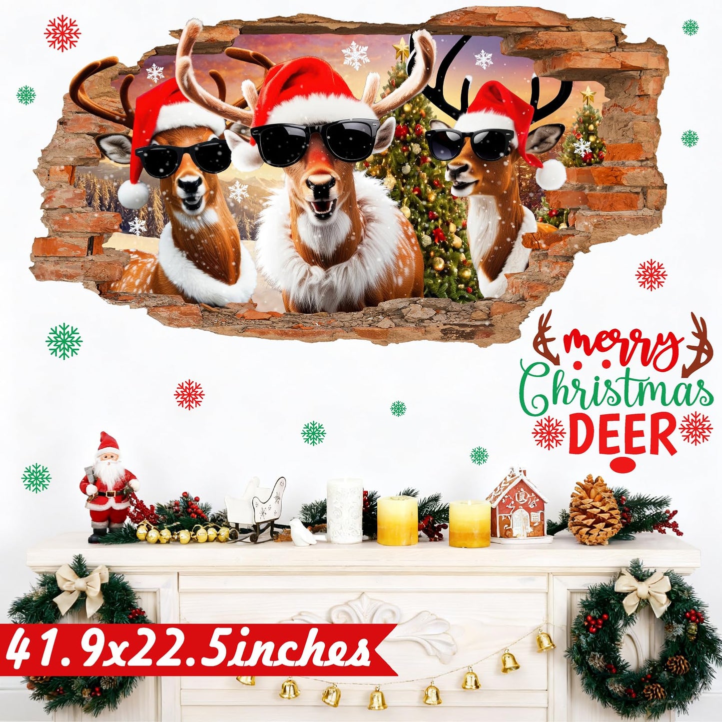 Christmas Wall Stickers Decoration Merry Christmas Wall Decals Peel and Stick 3D Winter Broken Walls Sticker Indoor Xmas Cartoon Deer Vinyl Art Mural for 2026 New Year Holiday Party Supplies