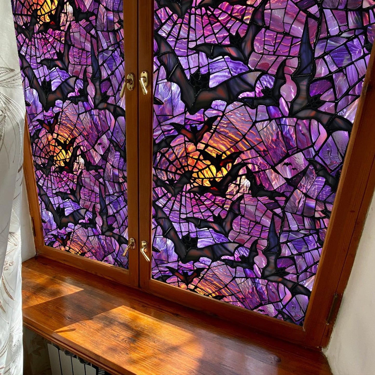 Halloween Window Stickers Privacy Film Static Window Sticker Decal Halloween Bat Window Decals Film Purple Stained Glass Clings Windows Art for Home School Office Glass Decoration