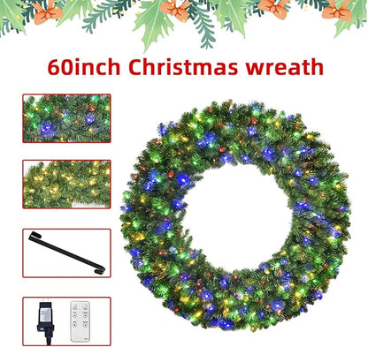 60in Large Christmas Wreath - HOYECHI Lighted Wreaths Holiday Decor, Outdoor Wreath with 300 Colorful LEDs, 930 PVC Tips, Metal Hook, 9 Functions, Timer, Power Plug-in, Remote Controls