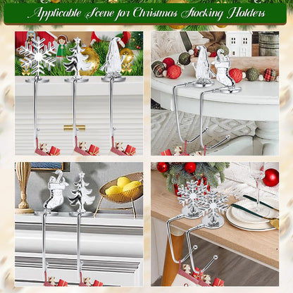 Christmas Stocking Holders for Mantel Set of 8, Non-Slip Adjustable Mantle Stocking Holders, Snowflake Snowman Reindeer Angel Bell Fireplace Stocking Hangers Set for Party Christmas Decorations