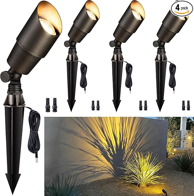 Gardenreet Brass Landscape Lighting - Outdoor Low Voltage Spotlights LED, 12V Wired Uplights, Waterproof Spot Lights Antique Bronze for Outside Trees Without MR16 Bulb (4 Pack)