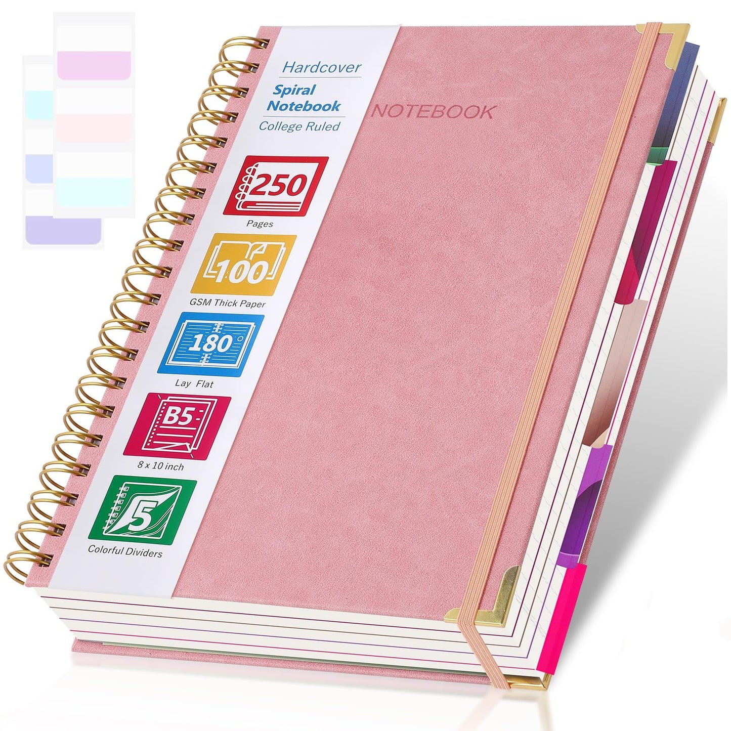 College Ruled Notebook, Spiral Notebook, Leather Hardcover Notebook Journal for Women Men, 5 Subject Notebook with Dividers, Journaling Notebooks for Work School, B5 Lined Notebook, 8" x 10", Pink