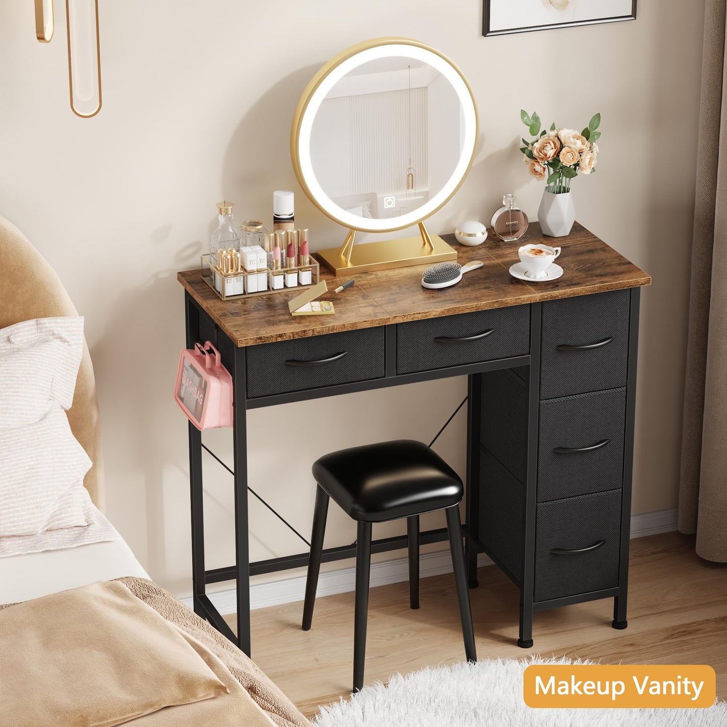 HIGDBFE Small Desk with 5 Fabric Drawers, 33 Inch Writing Desk for Home Office, Simple PC Desks for Small Place, Kids Girls Teen Study Table Vanity for Bedroom, Dorm, Rustic Brown, 14" D