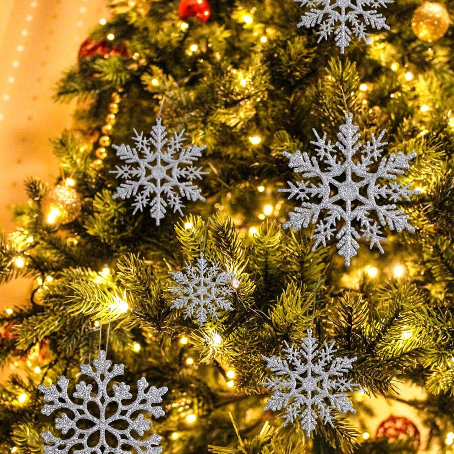 36 Pack Silver Snowflake Ornaments Plastic Glitter Snow Flakes Ornaments for Winter Christmas Tree Decorations Size Varies Craft Snowflakes