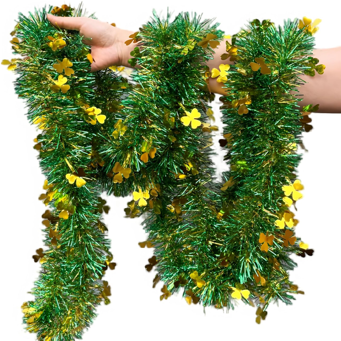 LKBBC St. Patrick Garland, 50 FT Green Gold Fringe Tinsel Garlands with Lucky Shamrock Clover Hanging Glitter Streamers for Irish Ireland Themed Party Home Decoration