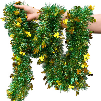 LKBBC St. Patrick Garland, 50 FT Green Gold Fringe Tinsel Garlands with Lucky Shamrock Clover Hanging Glitter Streamers for Irish Ireland Themed Party Home Decoration