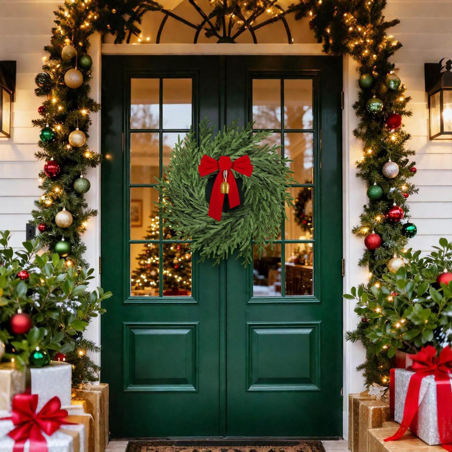 AMORISE 26" Christmas Wreath for Front Door, Artificial Wreath with Bow and Bell,Real Touch Pine Winter Wreath Christmas Decoration for Porch,Window,Wall,Thanksgiving Day Harvest Festival