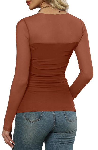 XIEERDUO Women's Sexy Sheer Long Sleeve Tops Crew Neck Mesh Ruched Going Out Shirts Blouse Date Night Outfits