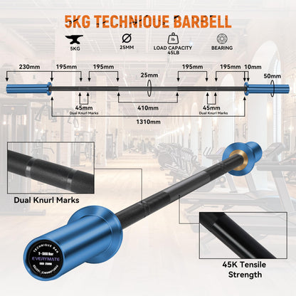 EVERYMATE 5kg Olympic Technique Bar – Lightweight Aluminum Training Barbell for Beginners, Youth & Rehab | 25mm Knurled Grip, 150lb Capacity, Compatible with 2" Weight Plates – Ideal for Form Practice & Cross-Training