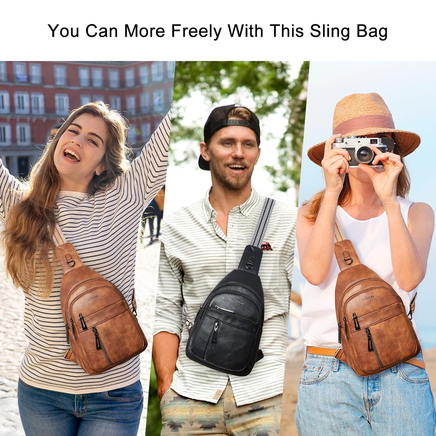 LATMAP 7L Sling Bag For Women Men Backpack Fanny Pack Crossbody Chest Travel Shoulder Belt Bags Purse Handbag PU Leather Brown