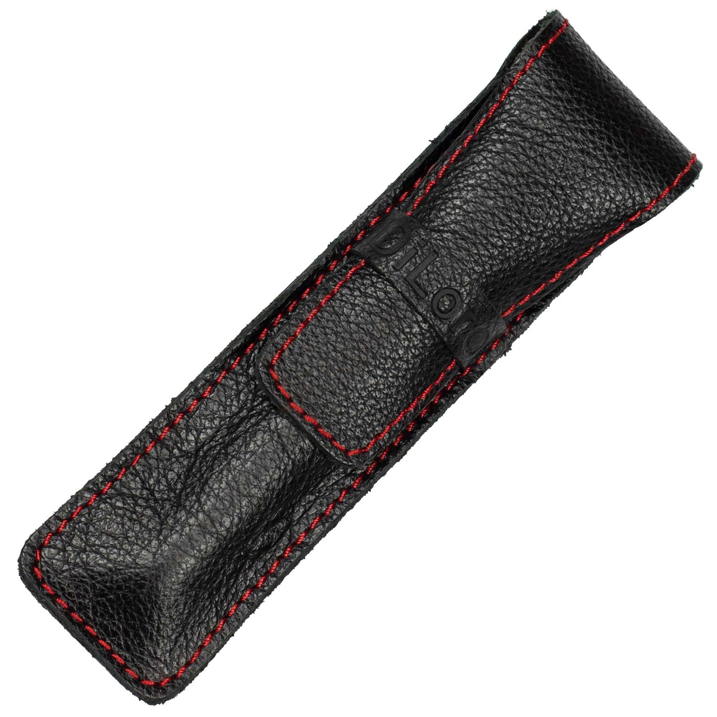 DiLoro Full Grain Leather Single Pen Case Holder Pouch Pencil Organizer (Buffalo Black w Red)