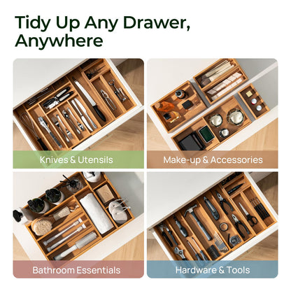 Carbonized Bamboo Kitchen Drawer Organizer, 8 Slots Silverware Organizer, Utensil Holder & Cutlery Tray, 2.2" Deep for Extra Capacity, Non-Slip Feet Included