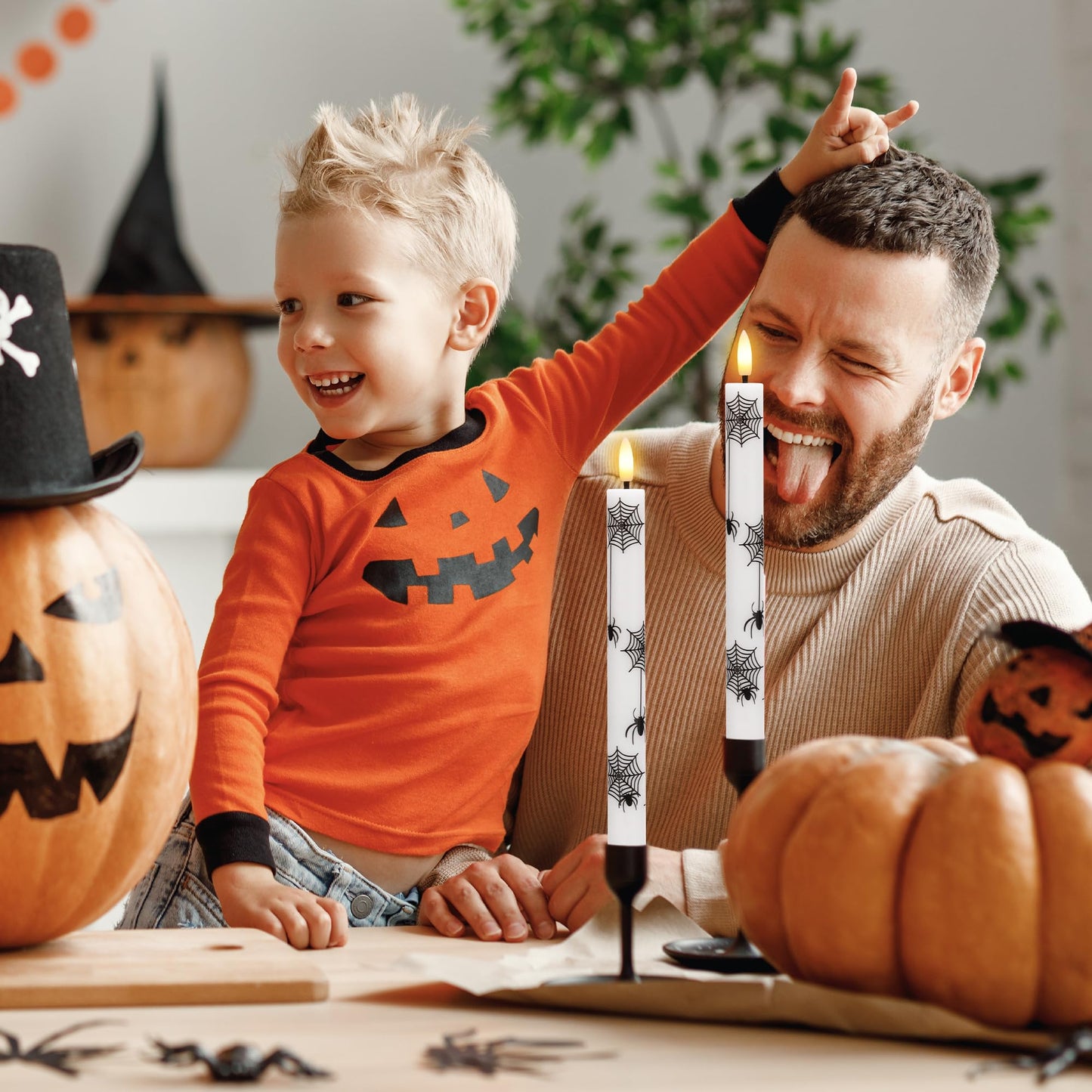 SEHNSY Halloween Flameless Taper Candles with Remote and Timer, 4 Pack Spider and Web Battery Operated LED Flickering Real Wax Candles, Spooky Decor for Halloween Table and Mantel