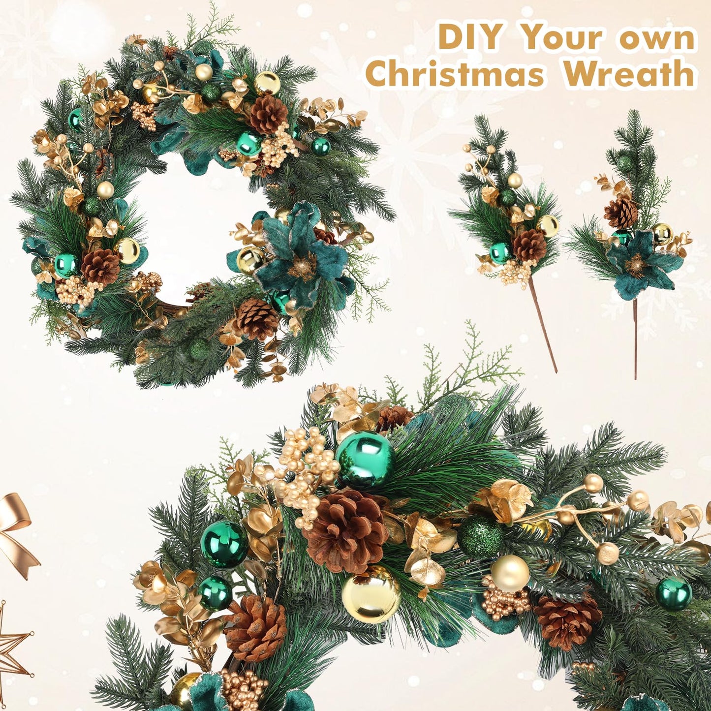 Fiarbrty 18 Inch Christmas Floral Picks and Sprays, 4 Pack Christmas Decorations with Gold Balls, Pinecones, Blue Eucalyptus & Berry Stems for DIY Wreath, Christmas Tree, Mantel, Table Centerpiece