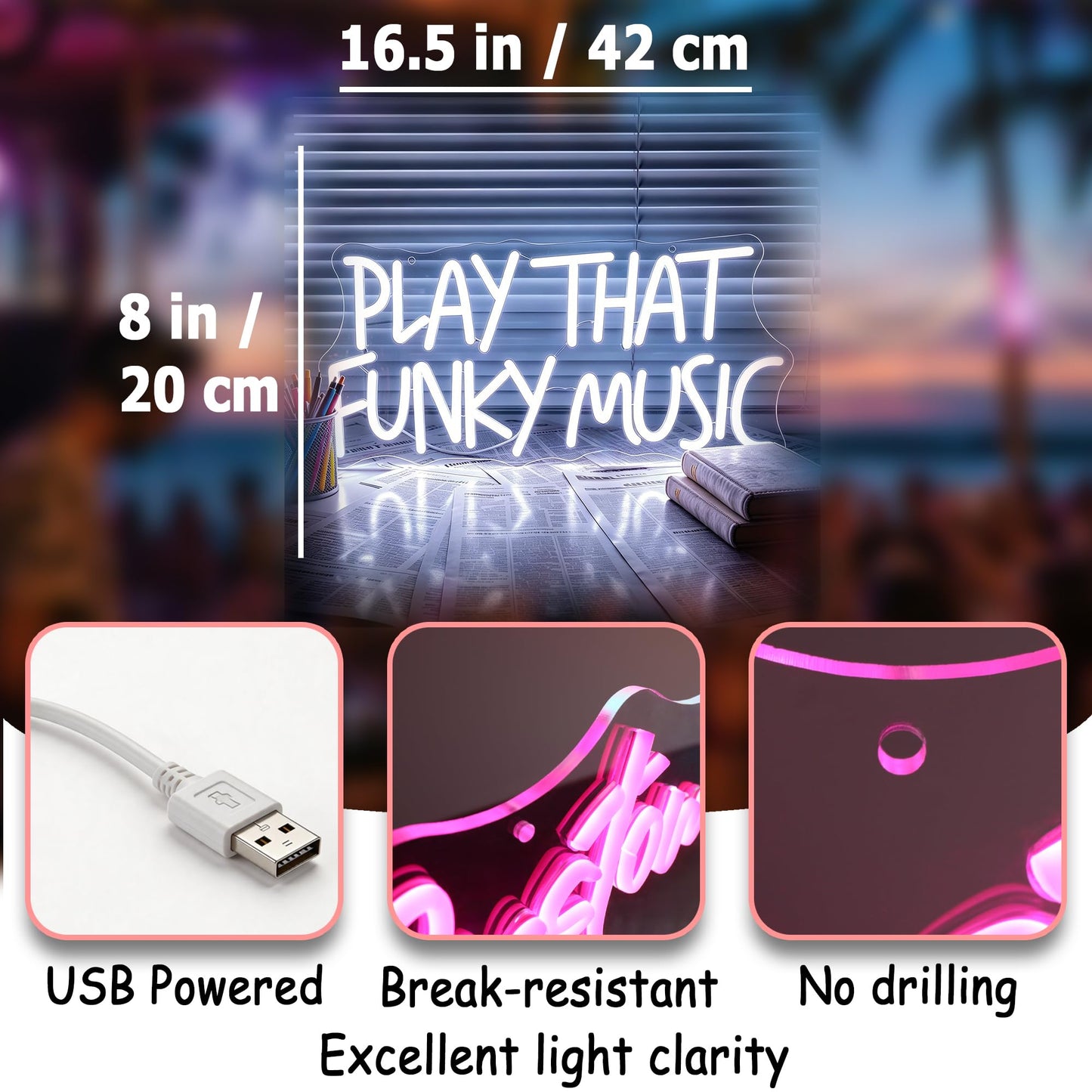 Whfobfe White Neon Sign Led Neon Lights Signs for Wall Decor USB Powered Led Signs for Room Decoration-Play That Funky Music