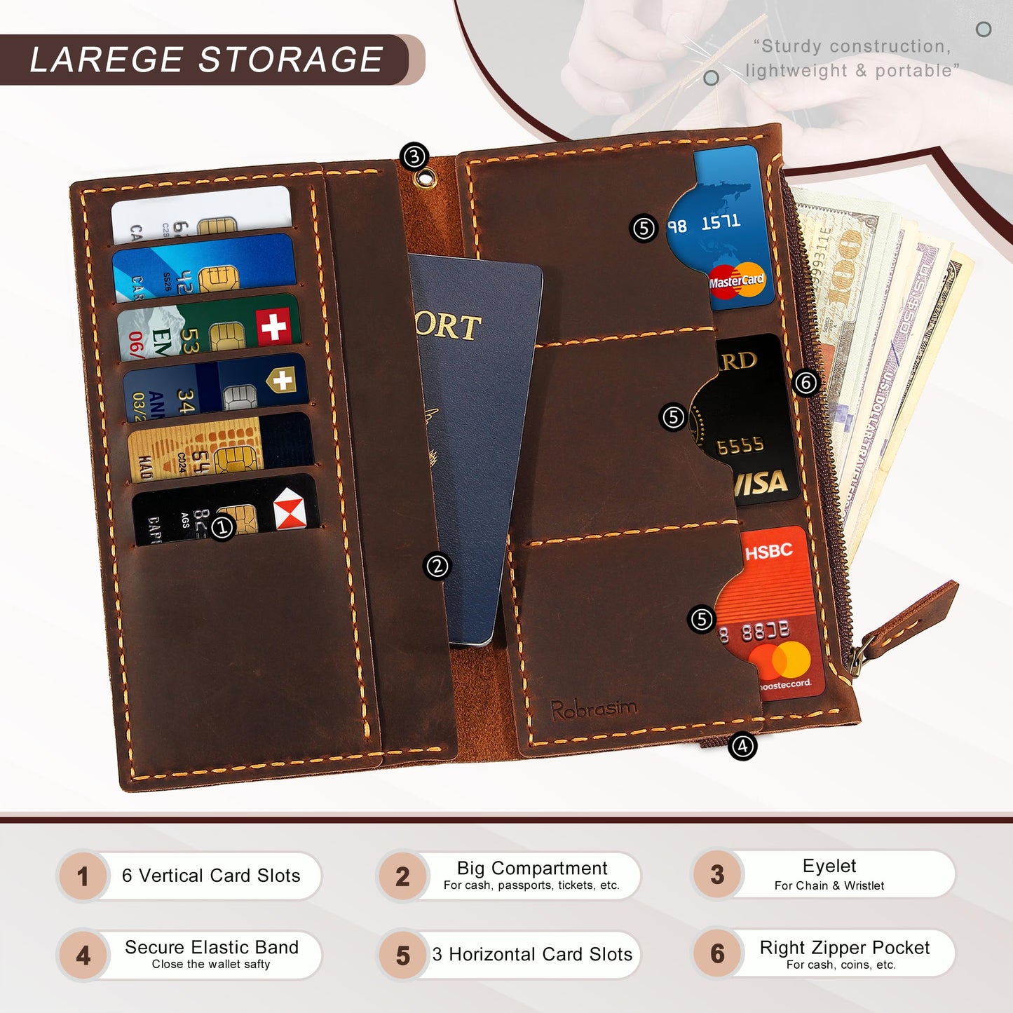 Robrasim Leather Wallet for Men and Women, Handmade Detachable Chain Wristlet Long Bifold Clutch with Large Capacity Zipper Coin Pocket (Coffee, 7.87"x4.17")