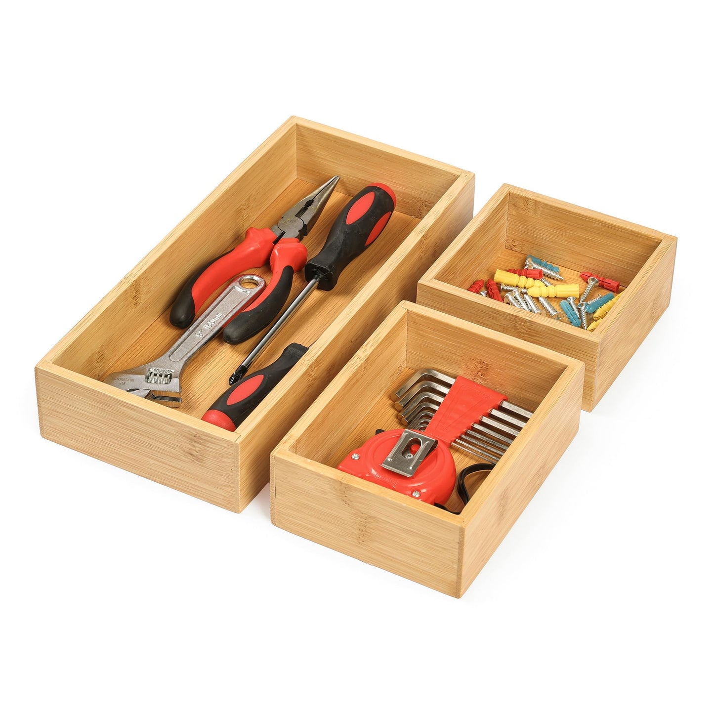 Vincona Bamboo Drawer Organizers Set, 3PCS Multi-Use Wood Storage Organizers, Desk Drawer Tray for Kitchen, Bathroom, Office, Dresser, Bamboo Box Bin for Jewelry, Makeup, Junk, Gadgets