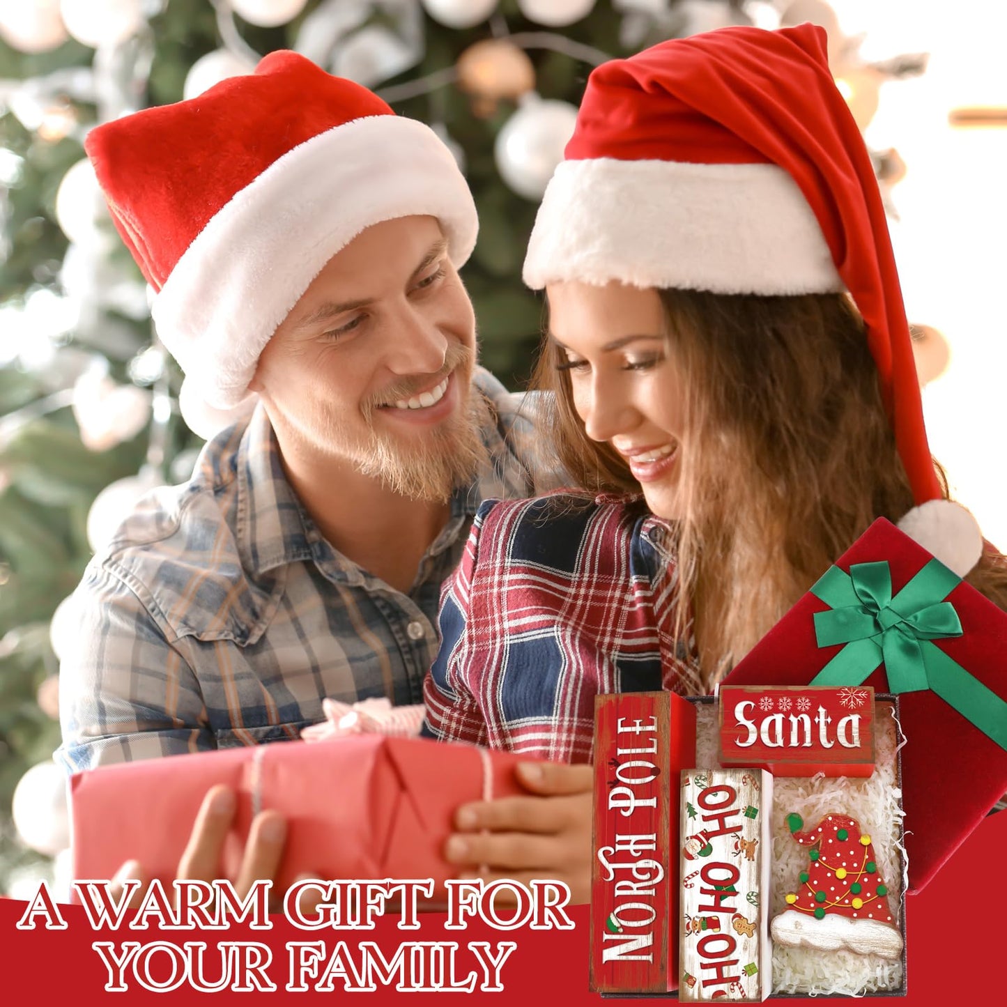 Moucuny 4 Pcs Christmas Table Sign Christmas Hat Wooden Decorative Signage Xmas Tiered Tray Decor Winter Centerpieces Farmhouse Wooden Block Set Xmas Table Sign for Home
