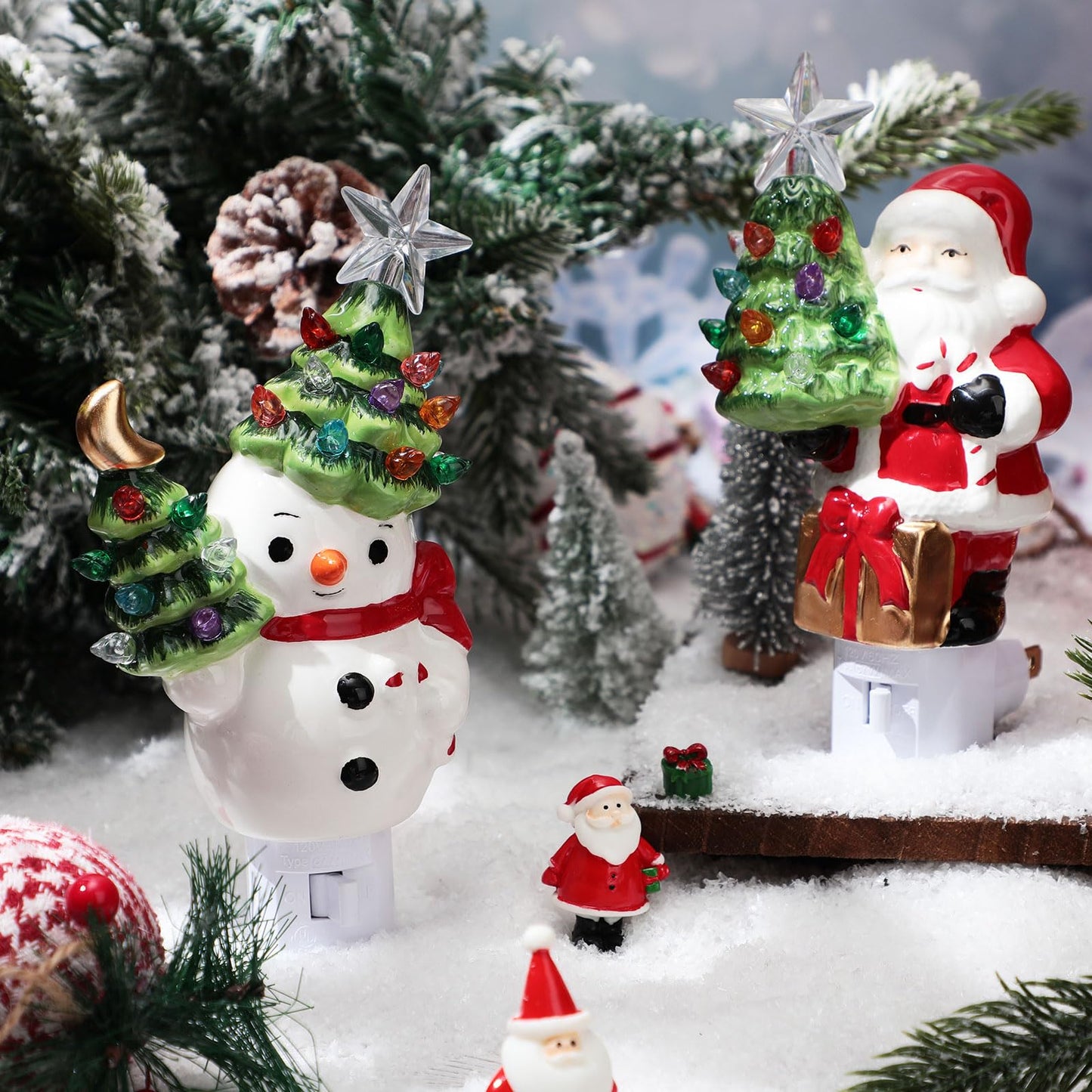 Wettal 2 Pack Christmas Decoration Night Light Plug Ceramic Santa Snowman Night Light with Switch LED for Christmas Gift Holiday Decor Home Room Fireplace Office