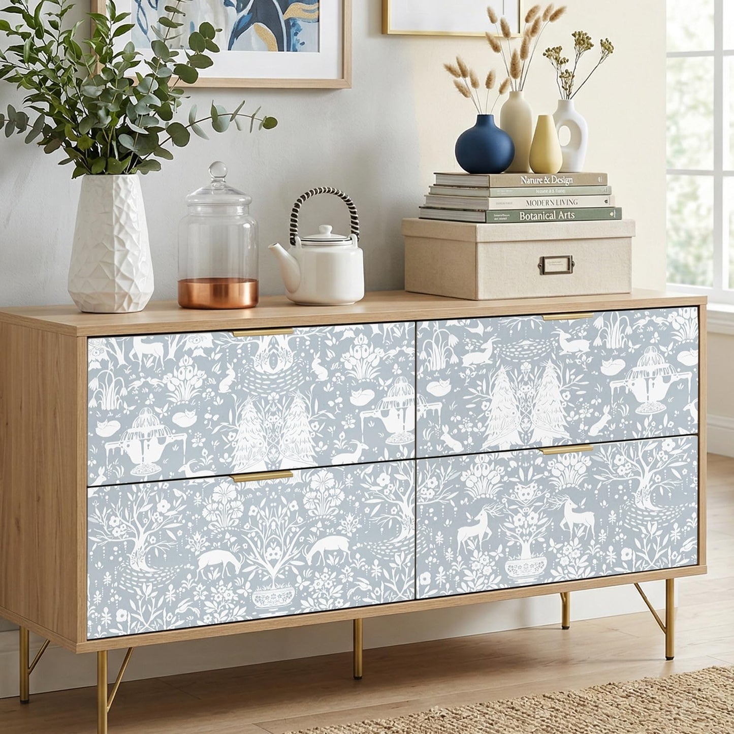 WENMER Forest Animal Wallpaper, 17.7" x 590" Blue and White Contact Paper, Woodland Peel and Stick Wallpaper with Deer Rabbit Fox, Self Adhesive Removable Wall Paper for Living Room Bedroom Nursery