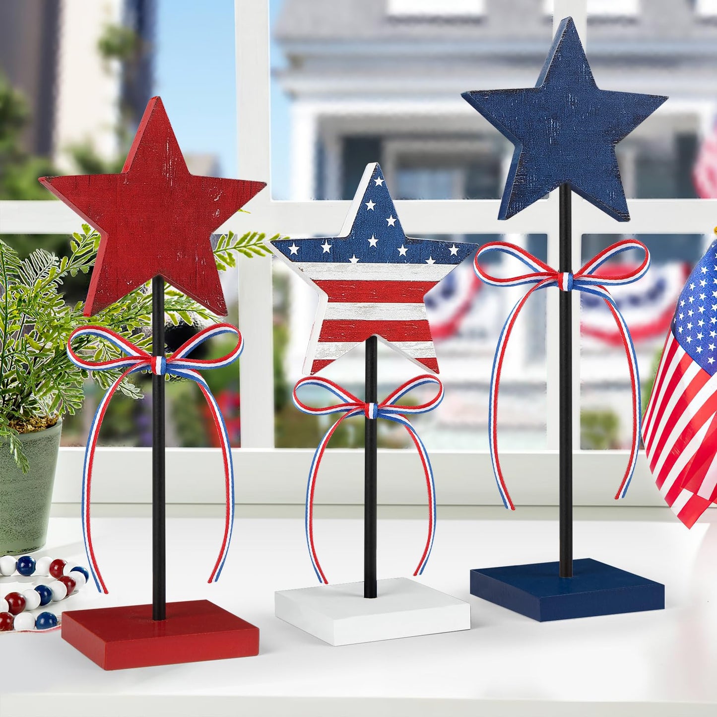 4th of July Tiered Tray Decor Wooden Star Set, 3 Pcs Memorial Day Table Decorations, Rustic Patriotic Tabletop Home Decor, Red White and Blue Decorations for Home (Retro)
