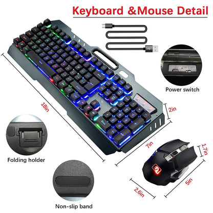 Wireless Gaming Keyboard and Mouse Combo,3 in 1 Rainbow LED Rechargeable Keyboard Mouse with 3800mAh Battery Metal Panel,10 Colors RGB Gaming Mouse Pad (32.5x12x0.15 inch),7 Colors Mute Gaming Mouse