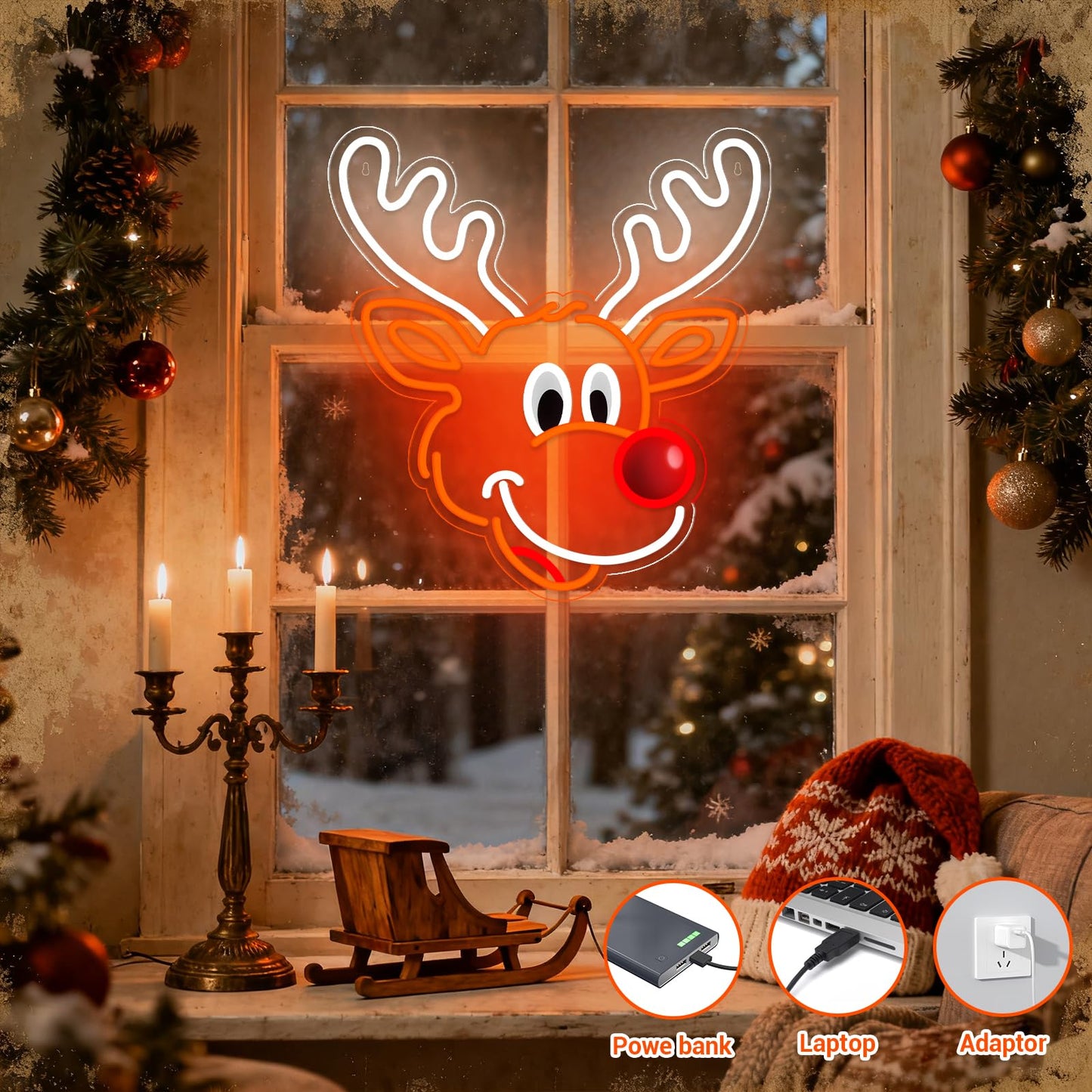 Christmas Elk Window Lights Decorations Indoor, Christmas Deer Neon Signs for Holiday Indoor Wall Door Glass Decor(White Elk)