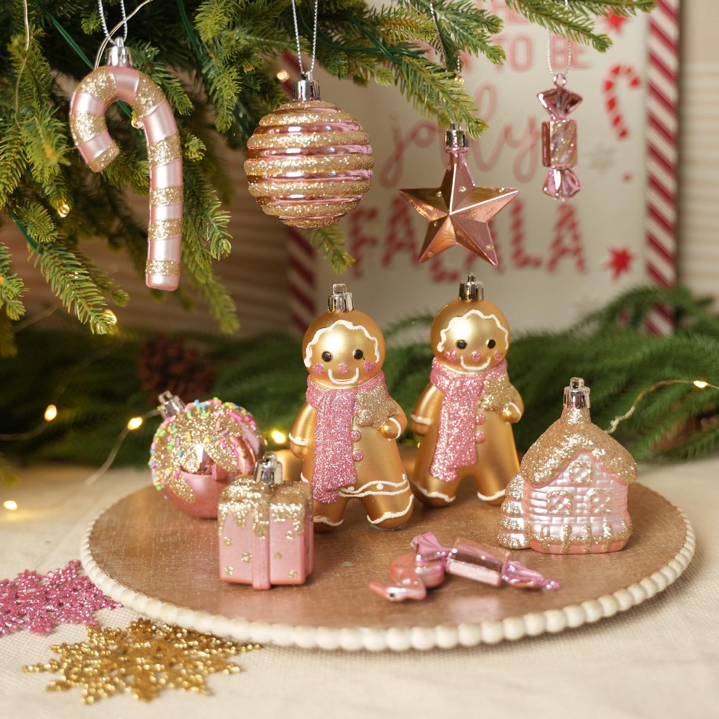 SHareconn 65pcs Christmas Tree Ornaments Set, Shatterproof Christmas Gingerbread Man Balls Bulk Gift Boxes, Hanging Plastic Decorative Baubles for Xmas Trees Decorations, Holiday Party, Pink Gold