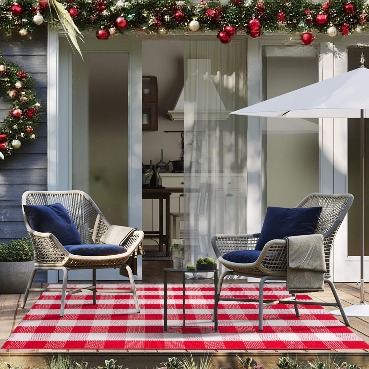 Christmas Red and White Plaid Rug 4 x 6 Ft, Hand-Woven Indoor/Outdoor Layered Cotton Blend Buffalo Plaid Rug, Washable Front Door Mat, Perfect for Porch, Living Room, Entryway