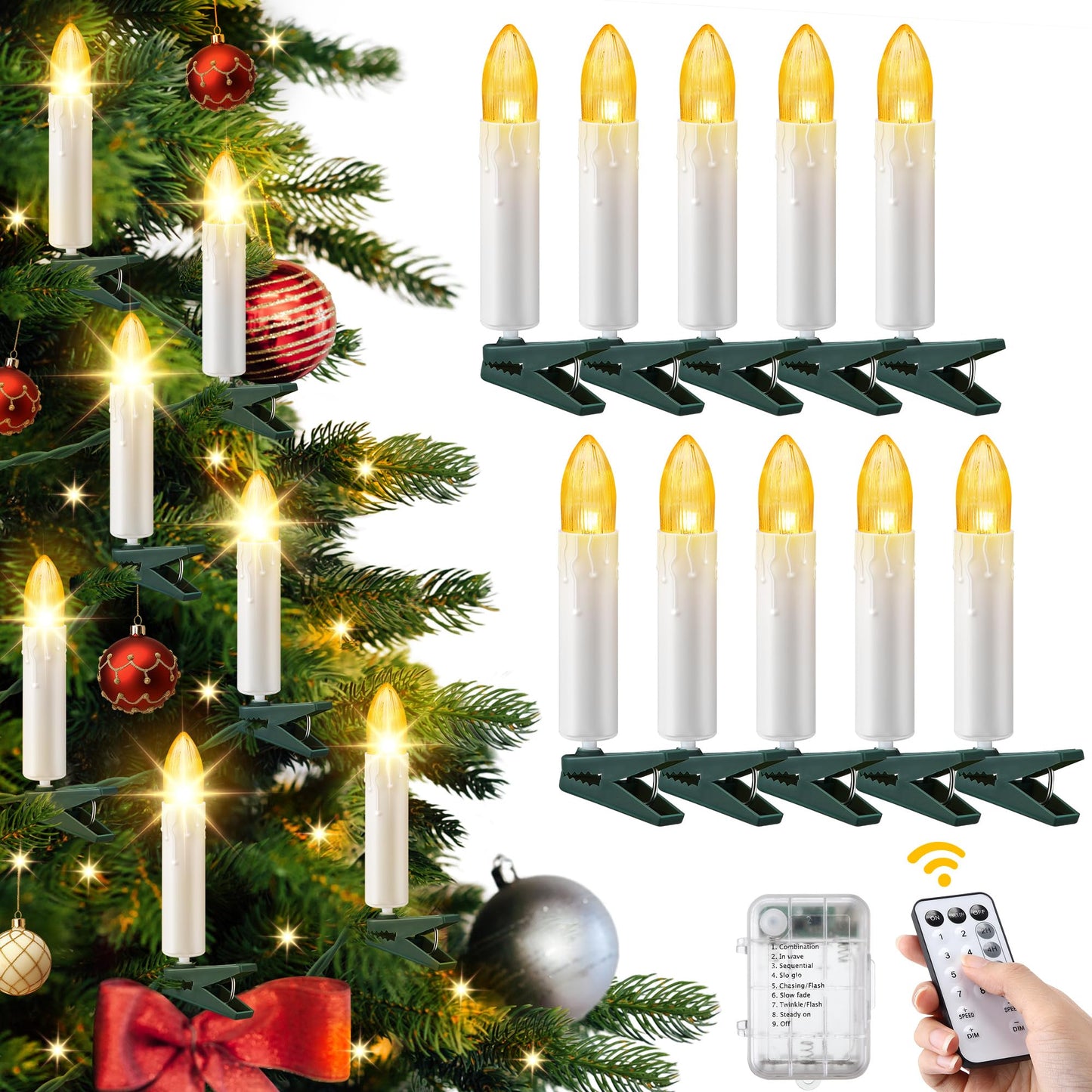 ElectricWise Christmas Tree Clip on Flameless LED Candle String Lights, White Candle with Clips & Remote Control & 8 Modes & Timer, Battery Operated, for Wedding & Holiday Decoration(10 Lights)