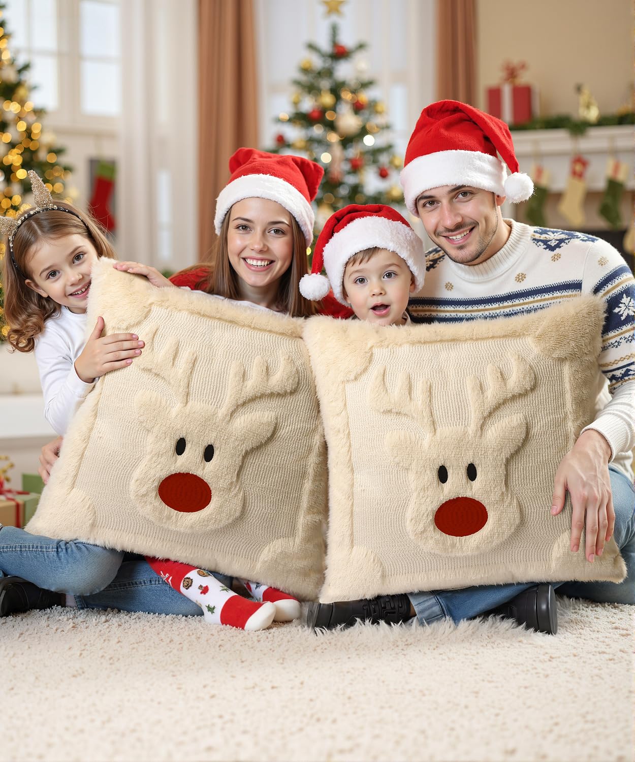 SEGXCFL Christmas Pillow Covers Set of 2 Soft Plush Faux Fur Pillow Cases 3D Embroidered Decorative Couch Cover Home Decor Christmas Throw Pillow Covers 18x18,Beige Reindeer
