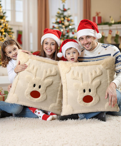 SEGXCFL Christmas Pillow Covers Set of 2 Soft Plush Faux Fur Pillow Cases 3D Embroidered Decorative Couch Cover Home Decor Christmas Throw Pillow Covers 18x18,Beige Reindeer