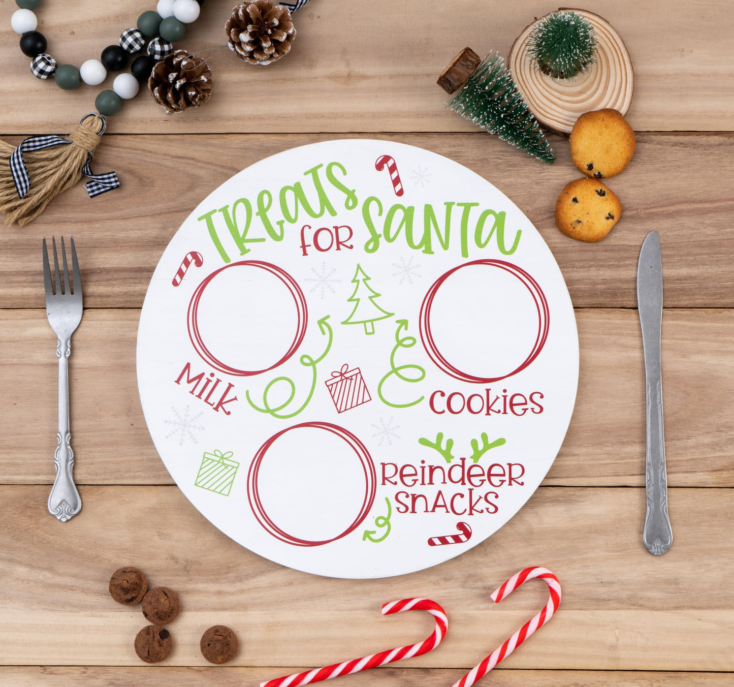 Rmeosye Santa Cookie Plate Treat Santa Christmas Wooden Round Tray Xmas Eve Cookies Milk Reindeer Snacks Cute Platter Mat Wood Plates Board for Christmas Decorations Supplies (White)