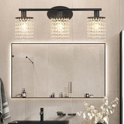 TISLYCO Black Bathroom Light Fixture, 3 Light Bathroom Vanity Light, Bathroom Light Fixtures Over Mirror, Crystal Drop Wall Mounted Lamp for Living Room Bedroom
