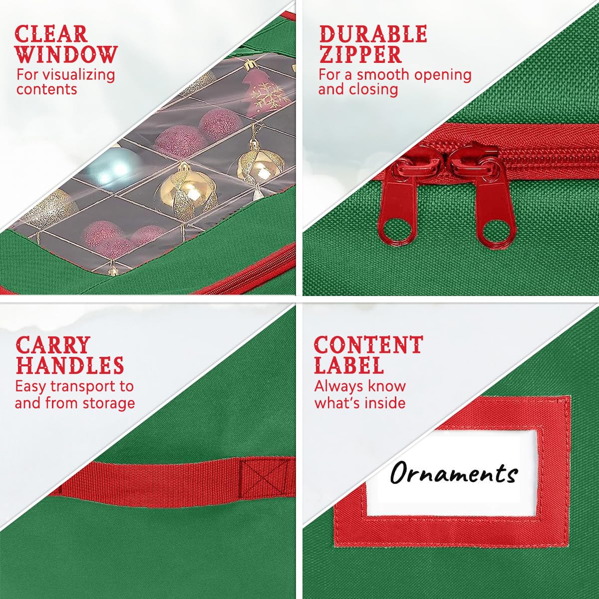 HOLDN’ STORAGE Christmas Ornament Storage Box with Dividers - Fits 96-3” Ornaments, 4 Removable Trays, Durable & Space-Saving, Clear Top Lid, Convenient Storage Designed, Green