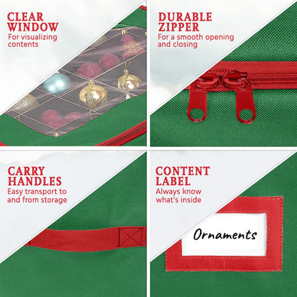 HOLDN’ STORAGE Christmas Ornament Storage Box with Dividers - Fits 96-3” Ornaments, 4 Removable Trays, Durable & Space-Saving, Clear Top Lid, Convenient Storage Designed, Green