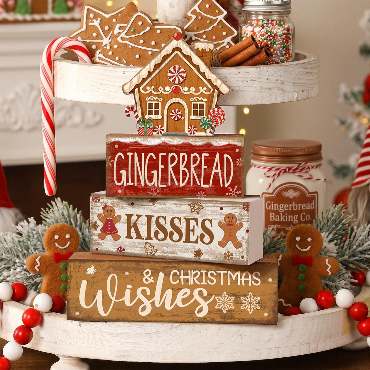 Moucuny 4 Pcs Christmas Table Decoration Gingerbread House Wooden Stacked Block Decor Gingerbread Centerpiece Block Signs Rustic Christmas Tiered Tray Decoration for Home Kitchen Coffee Bar
