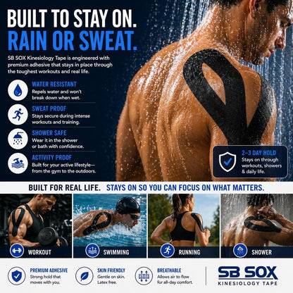 SB SOX Original Cotton Kinesiology Tape Roll – Best Latex Free Athletic Tape for Muscles/Joints – Waterproof, Stretchy, and Gentle on Skin (16ft)