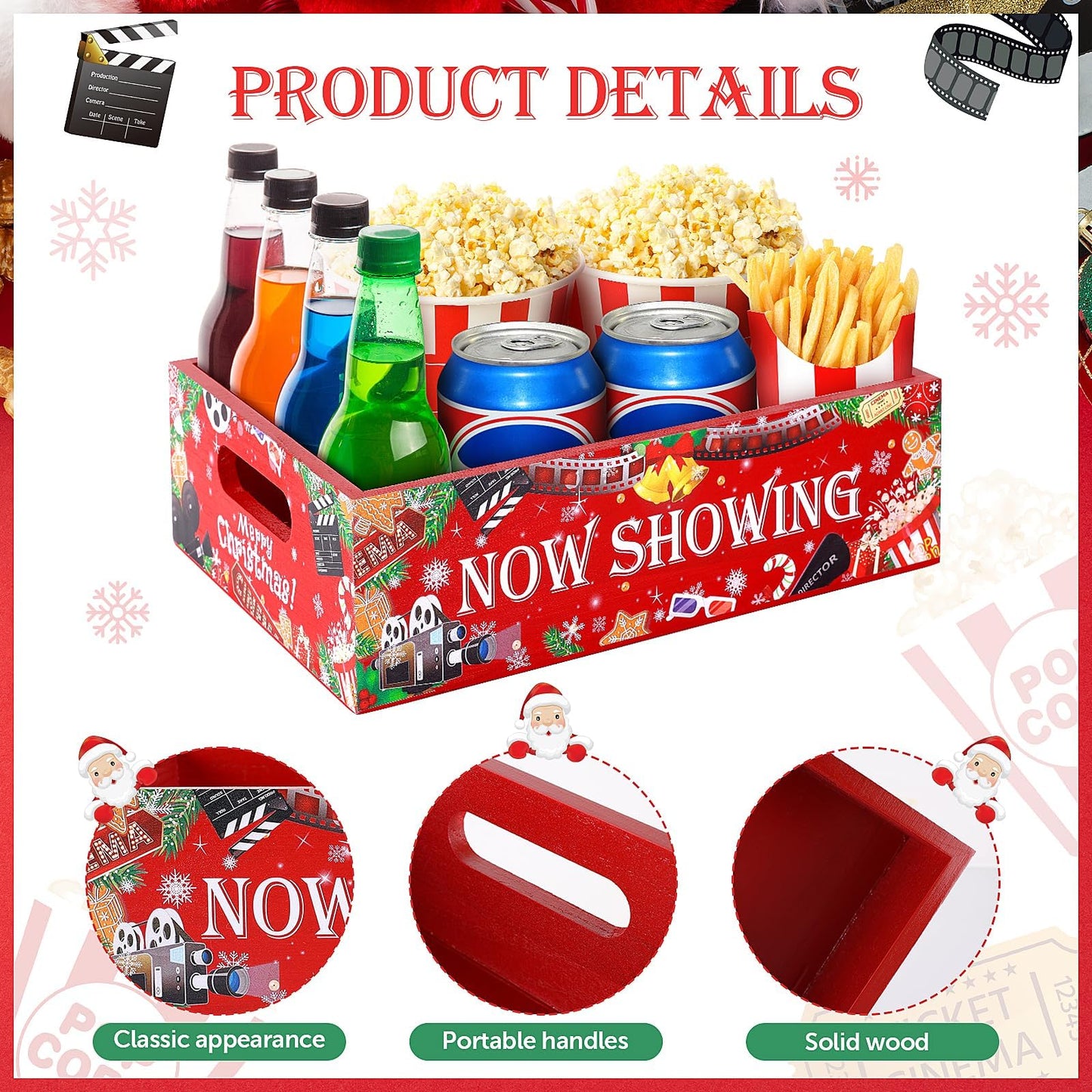 Christmas Movie Night Snack Tray Wooden Movie Snack Tray Movie Night Party Supplies for Countertop Storage Trays Popcorn Nacho Theater Snack for Christmas Home Kitchen Chips Candy Food Supplies