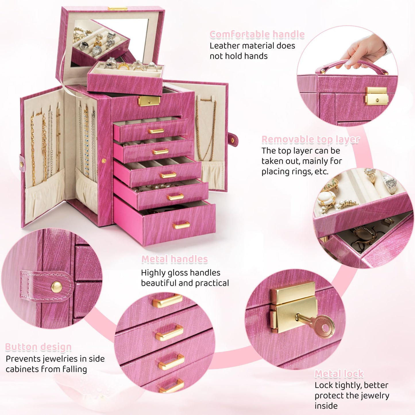 AKOZLIN 6-Tier Jewelry Box Lockable Leather Jewelry Storage Case with 5 Drawers for Women Girls Ring Necklace Earring Bracelet Holder Organizer with Mirror Rose