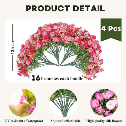 Artificial Flowers for Outdoor, Fake Flowers Faux Plants for Outside Indoor, 4PCS Summer Decor, Morning Glory Petunia UV Resistant, for Garden Porch Window Box Home Planters (Dark Pink&White Bulk)