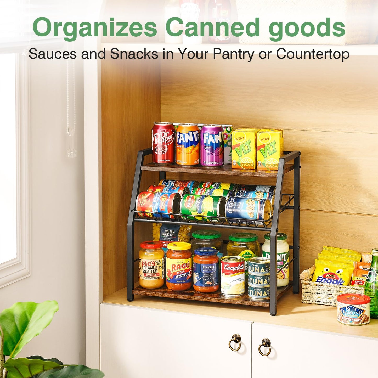 YIYYZI Kitchen Countertop Organizer, Snack Organizer Candy Display Stand Coffee Station Organizer, 3 Tier Wooden Counter Storage for Soda Cans Condiment Tea, for Pantry Office Bathroom, White (Black)
