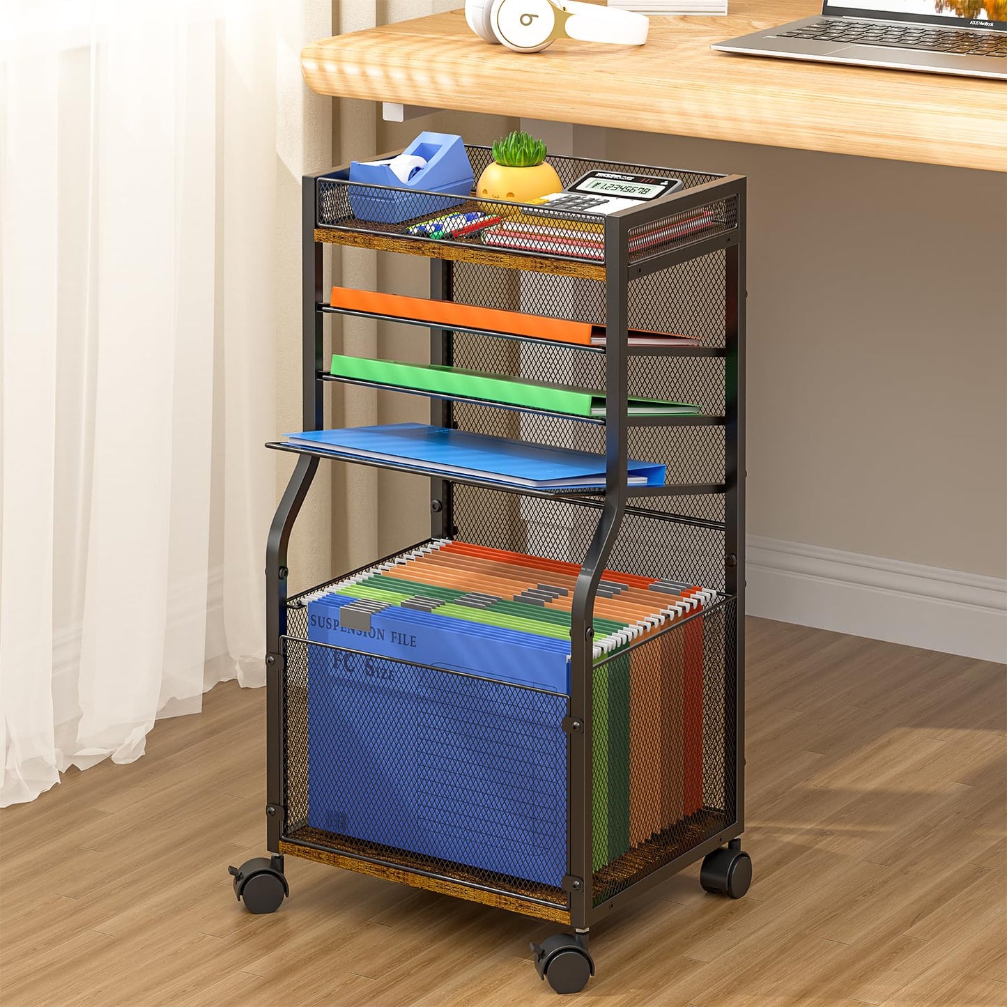 5-Tier Rolling File Cart with Lockable Wheels, Mobile Desk File Organizer Hanging File Folders Paper Letter Sliding Trays, Black Wood & Mesh Hanging Folder Drawer Organization for Office, Home, School