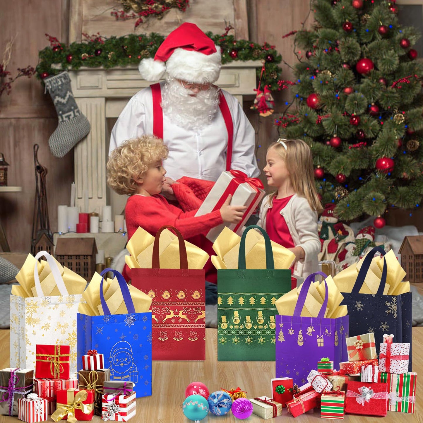 18Pack Christmas Gift Bags Medium Size with Tissue Paper - Reusable Non-Woven Tote Bags with Handles - Perfect for Gift Wrap/Party Favor Supplies - 10.2" x 8.3" x 4"