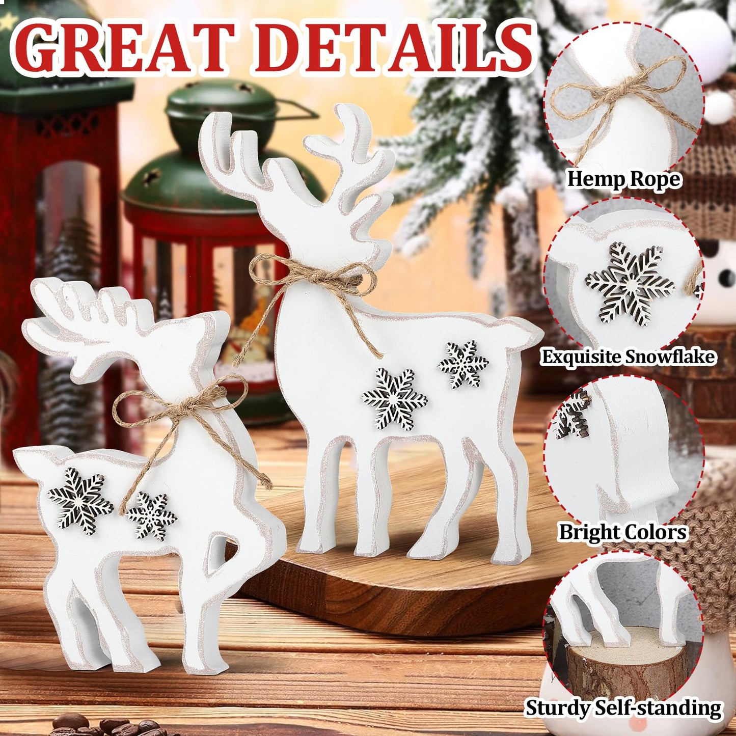 3Pcs Cute Christmas Tiered Tray Decor Indoor, Wooden Farmhouse Reindeer Christmas Tabletop Decorations Xmas Centerpiece, Rustic Reindeer Sign Standing Elk Decor for Home Shelf (White)