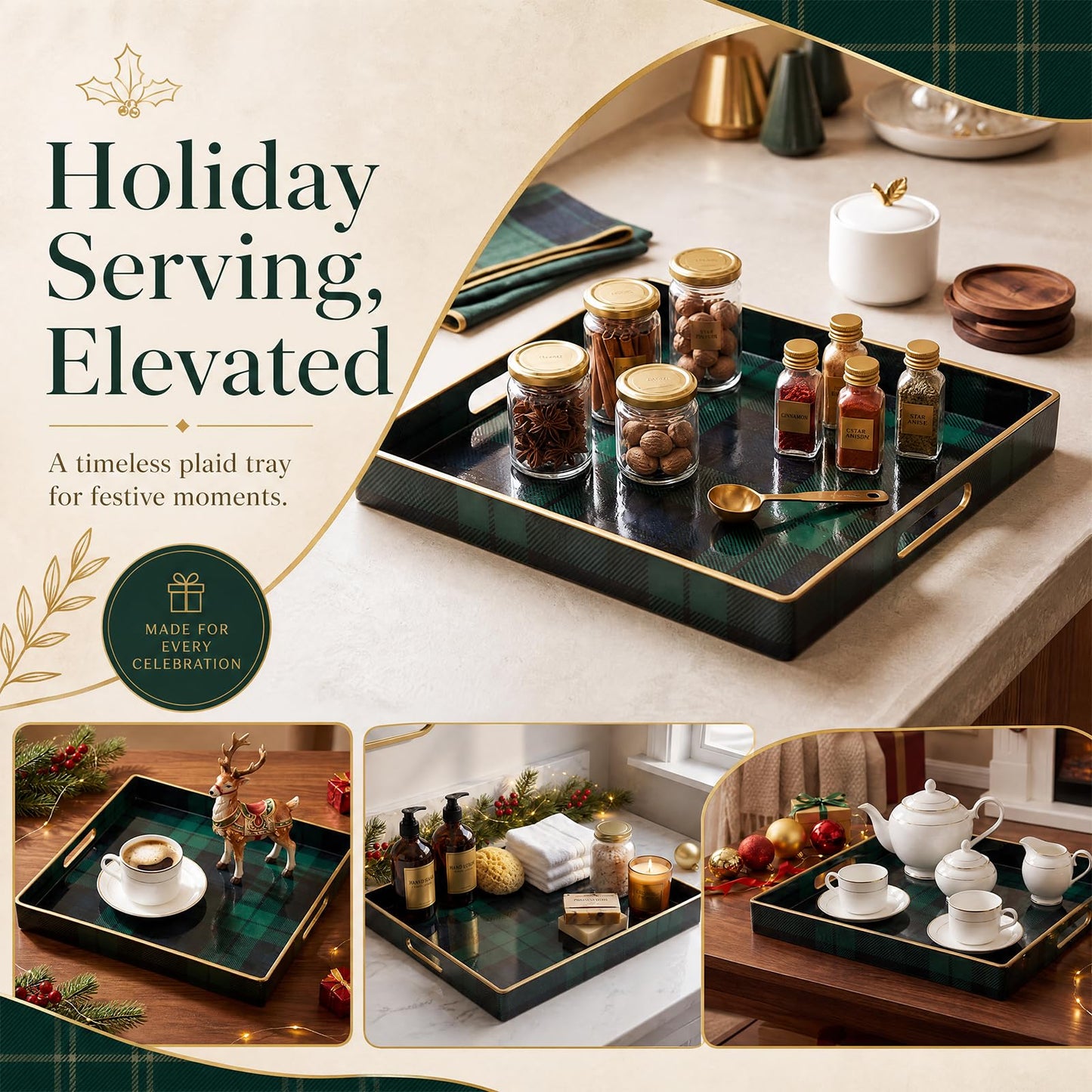 Nuanchu Tartan Tray Decorative Square Serving Tray with Handles for Coffee Table 13" x 13" Green Plastic Retro Decoration for Bar Living Room Bathroom Home Christmas