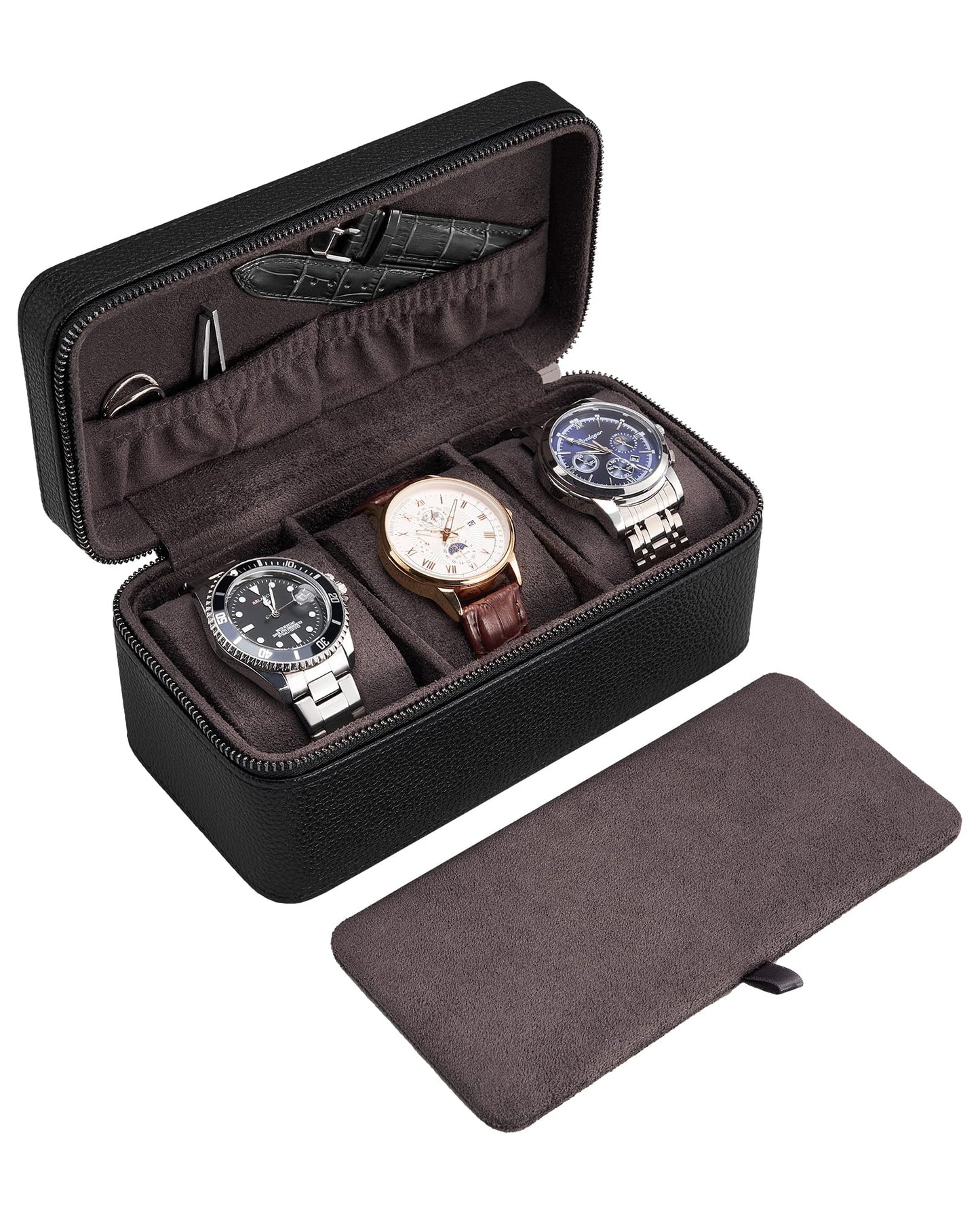 ProCase Black 12 Slot Watch Box and Black 3-Slot Watch Travel Case Bundle, 2-Tier Pull-Out Drawer Organizer, Clear Top Display Lid, Jewelry and Sunglasses Storage, Portable PU Leather Watch Holder