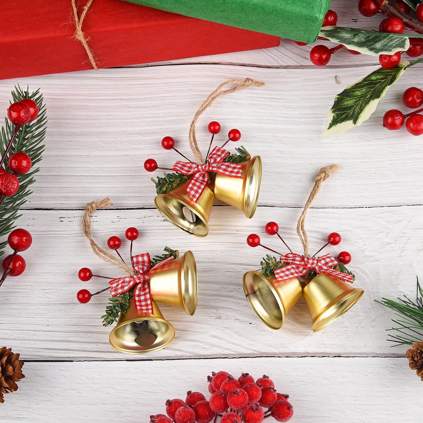 ASTARON 12 Pcs Christmas Bell Ornaments Xmas Tree Hanging Ornaments Jingle Bells with Holly Berries for Christmas Wreath Crafts Holiday Tree Decorations (Gold)